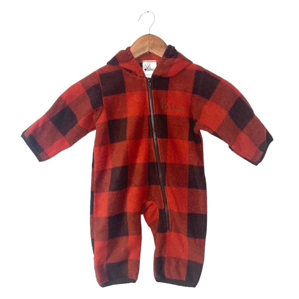 Columbia Fleece Snowsuit Red Orange Plaid Hooded Baby Infant  6 Months